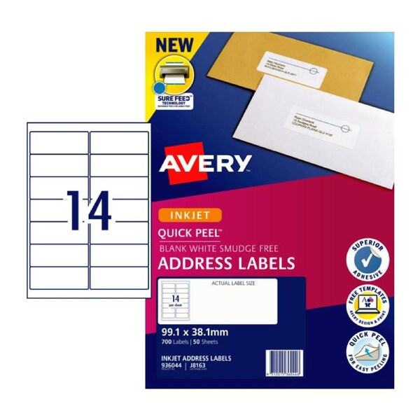 AVERY Quick Peel Address Labels With Sure Feed J8163 99.1mm X 38.1mm (700 Labels/ 50 Sheets)