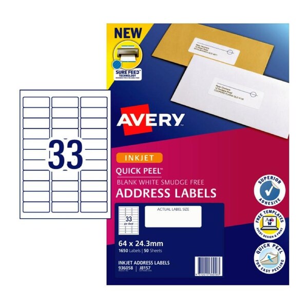 AVERY Quick Peel Address Labels with Sure Feed J8157 64 x 24.3mm (1650 Labels/50 Sheets)