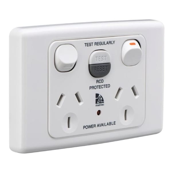 Clipsal ML2025RC10WE - MEDILEC RCD - Protected Twin Switch Socket Outlet, 10mA RCD - White