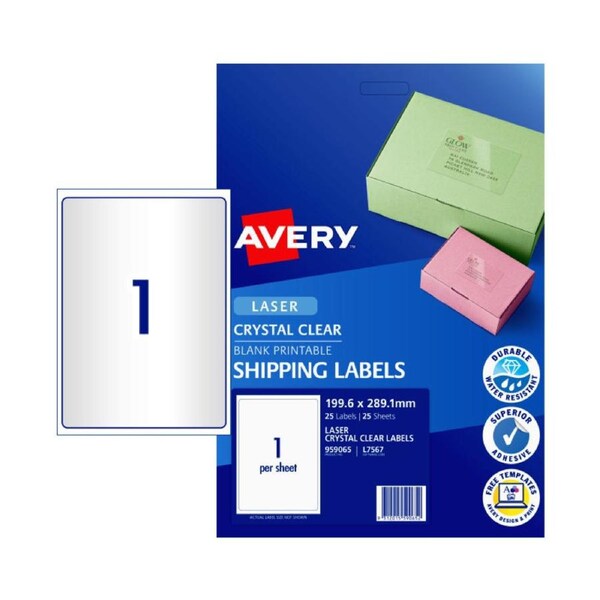 AVERY Crystal Clear Shipping Labels L7567 199.6 x 289.1 mm (25 Labels/25 Sheets)