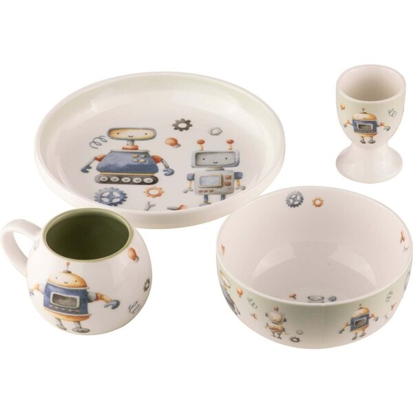 4pc Ashdene Robots Kids Ceramic 200ml Drinking Mug Egg Cup/Bowl & Plate Set