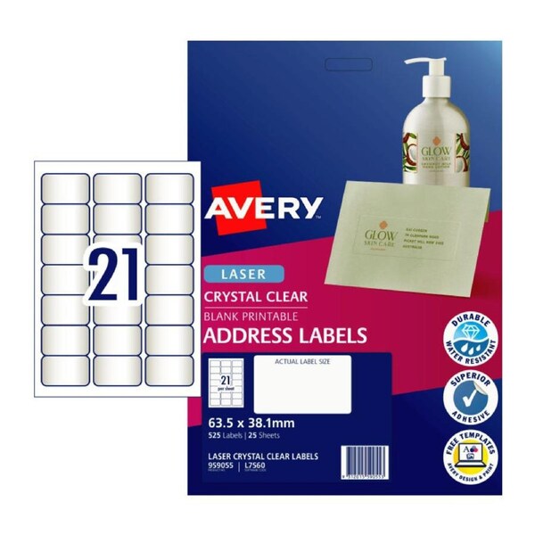 AVERY Crystal Clear Address Labels L7560 63.5 x 38.1 mm (525 Labels/25 Sheets)