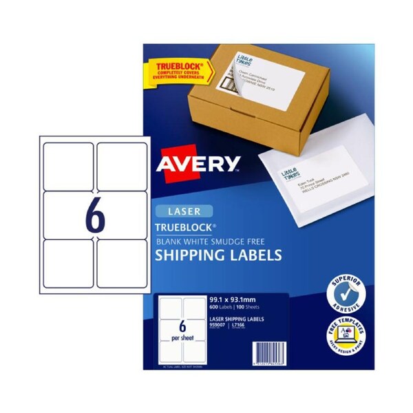 AVERY Shipping Labels with Trueblock L7166 99.1 x 93.1 mm (600 Labels/100 Sheets)