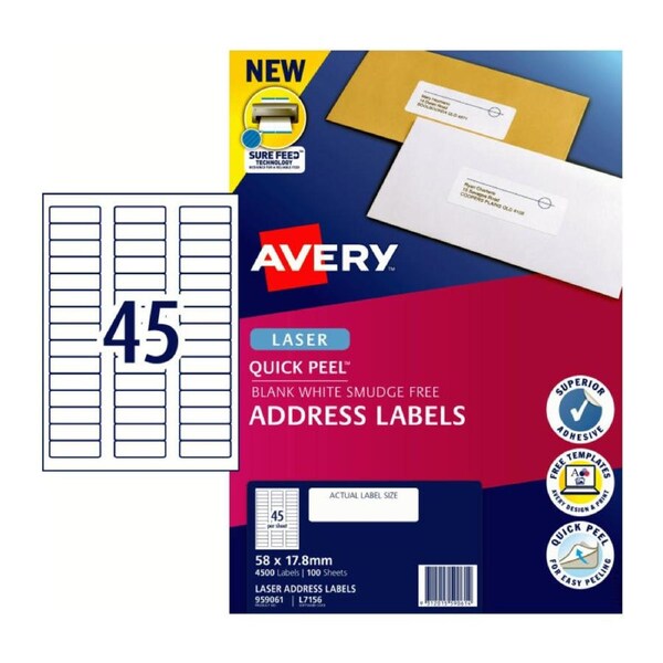 AVERY Quick Peel Address Labels with Sure Feed L7156 58 x 17.8 mm (4500 Labels/100 Sheets)
