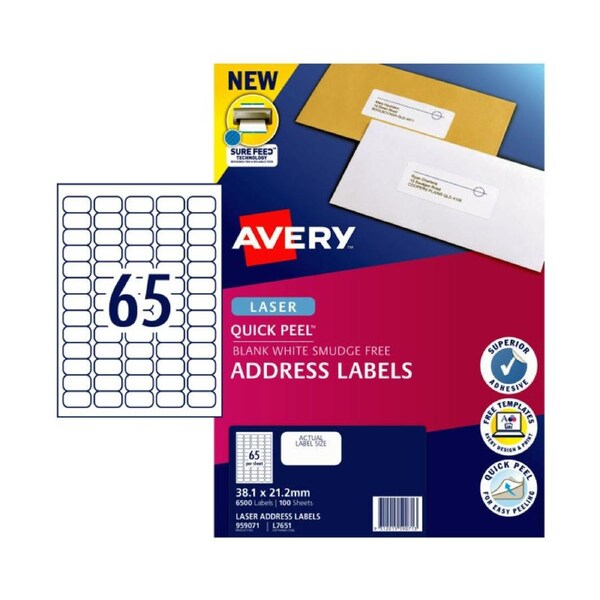 AVERY Quick Peel Address Labels with Sure Feed L7160 63.5 x 38.1 mm (2100 Labels/100 Sheets)