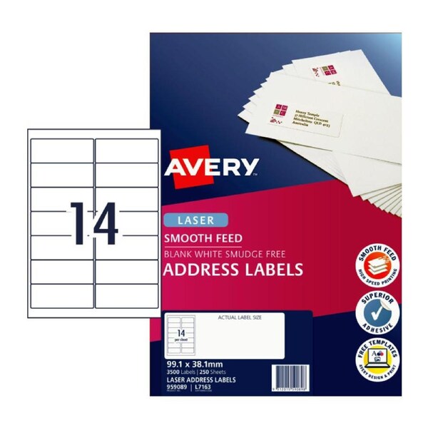 AVERY Address Labels with Smooth Feed L7163 99.1 x 38.1 mm (3500 Labels/250 Sheets)