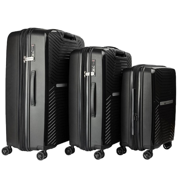 Olympus 3PC Astra Luggage Set Lightweight Polypropylene Hard Shell Trolley Suitcase - Obsidian Black