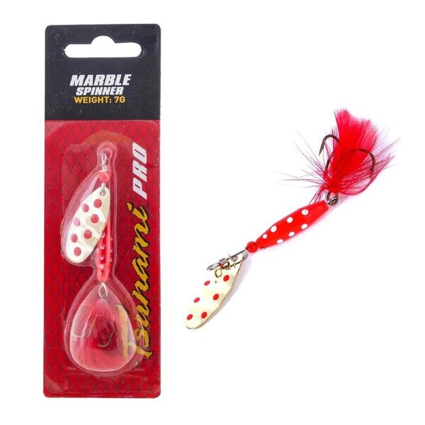 7gm Red & White Dot- Gold/Red Tsunami Marble Spinner Lure with Red Feather