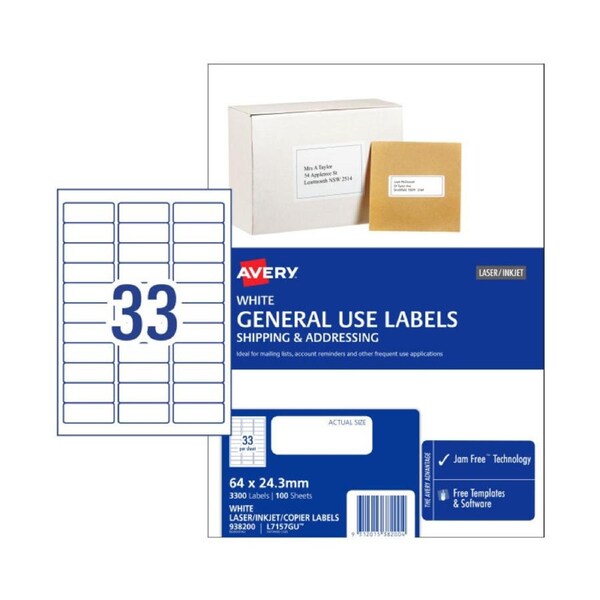 AVERY General Use Labels L7157GU 64 x 24.3 mm (3300 Labels/100 Sheets)