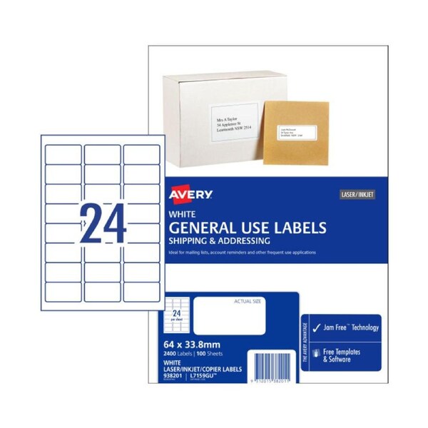 AVERY General Use Labels 64 x 33.8 mm (2400 Labels/100 Sheets)