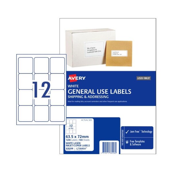 AVERY General Use Labels 63.5 x 72 mm L7164GU (1200 Labels/100 Sheets)
