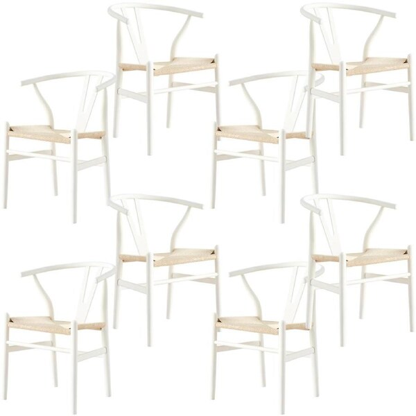 Anemone Set of 8 Wishbone Dining Chair Beech Timber Replica Hans Wenger - White