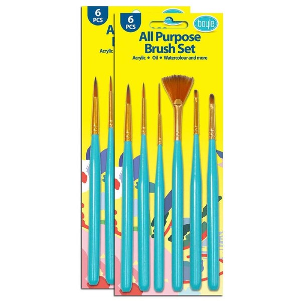 2x 6pc Boyle All Purpose Art/Craft Paint Brush Round/Thin/Flat/Filbert/Fan Set