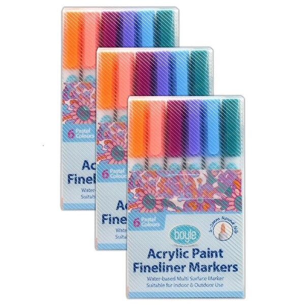 3x 6pc Boyle Acrylic Paint Fineliner Markers Stone/Ceramic/Glass Art Pens Pastel