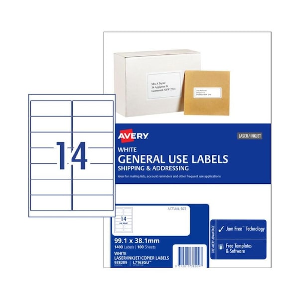 AVERY General Use Labels 99.1 x 38.1 mm (1400 Labels/100 Sheets)
