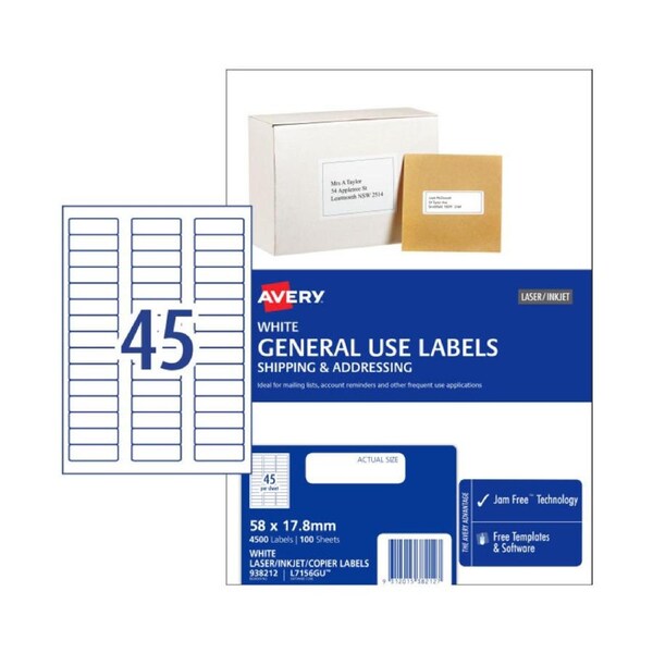 AVERY General Use Labels L7156GU 58 x 17.8 mm (4500 Labels/100 Sheets)