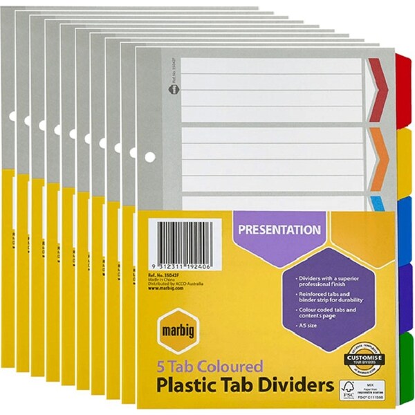 10 Pack Marbig Divider Reinforced Manilla 5-Tab A5 Assorted Colours Bulk