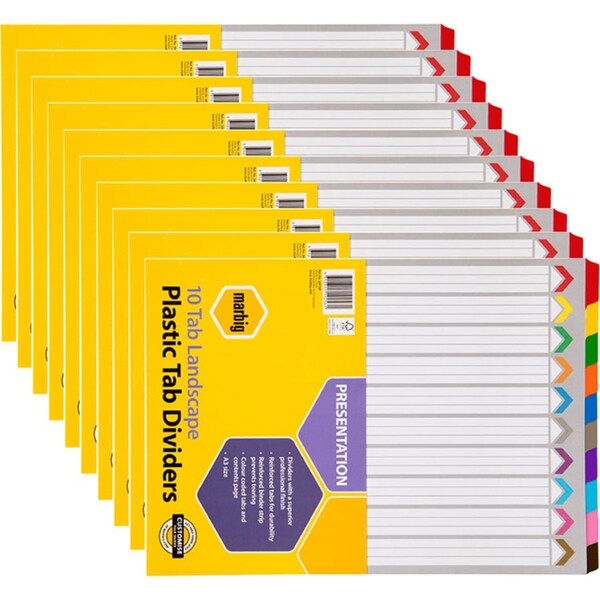 10 Pack Marbig Tab Dividers Landscape A3 Manilla Board 10-Tab Assorted Coloursi