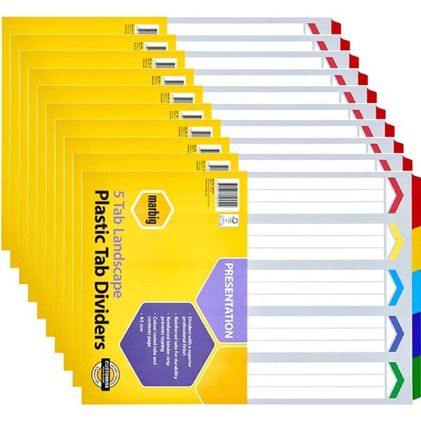 10 Pack Marbig Tab Dividers Landscape Manilla Board 5-Tab A3 Assorted Colours