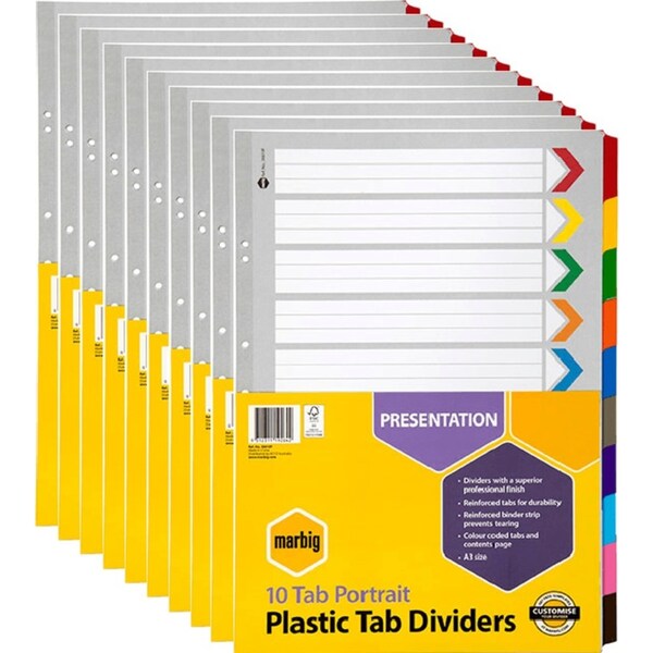 10 Pack Marbig Tab Dividers Manilla Board Portrait 10-Tab A3 Assorted Colours