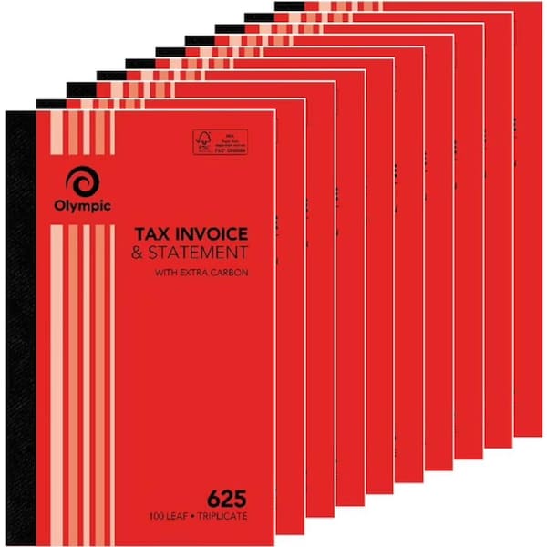 10 Pack Olympic 625 Triplicate Tax Invoice & Statement Book 100 Leaf Bulk