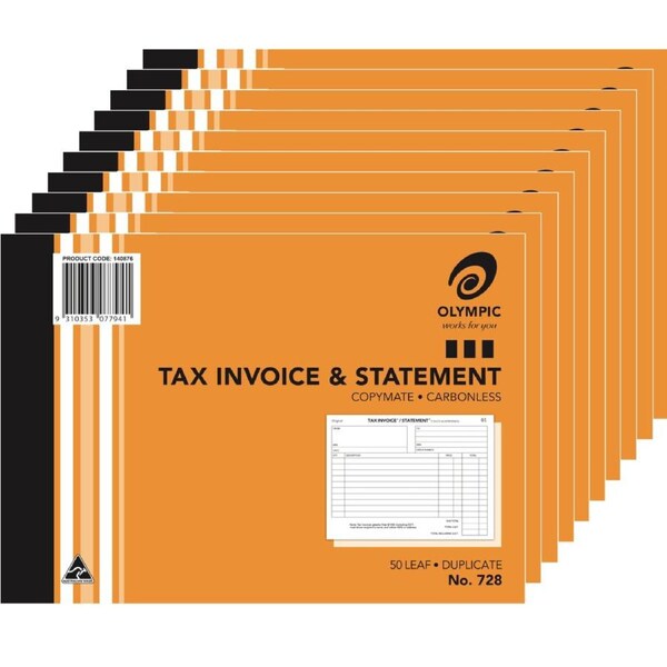 10 Pack Olympic 728 Duplicate Tax Invoice & Statement Book 50 Leaf Bulk