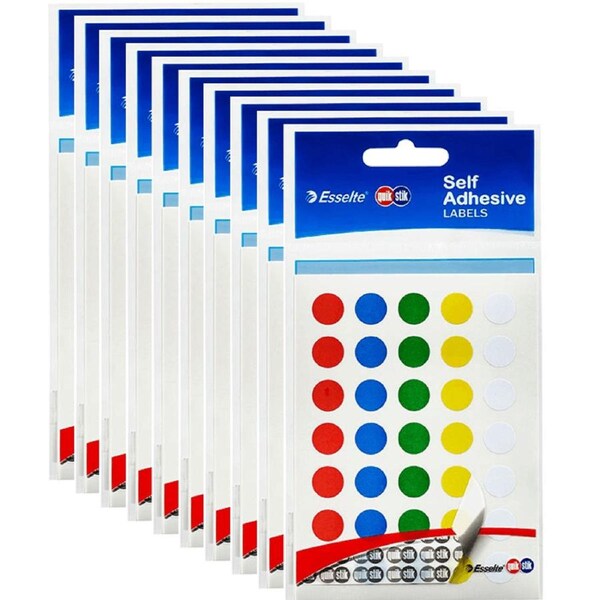 10 Pack Quikstik Label Circle Round 11mm Assorted Colours Pack 245