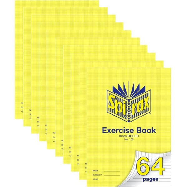 10 Pack Spirax 106 Exercise Book Ruled 8mm 70gsm 64 Page A4 Bulk
