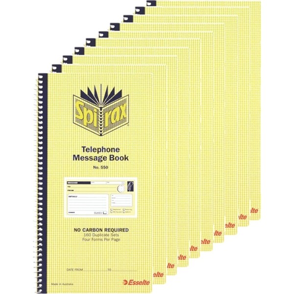 10 Pack Spirax 550 Telephone Message Book Carbonless 160 Page 279x144mm