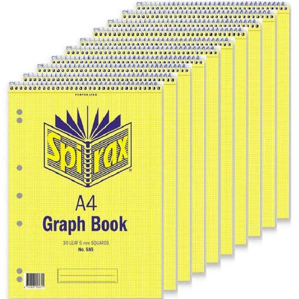 10 Pack Spirax 585 Graph Book Top Opening 5mm 60 Page A4 Spiral