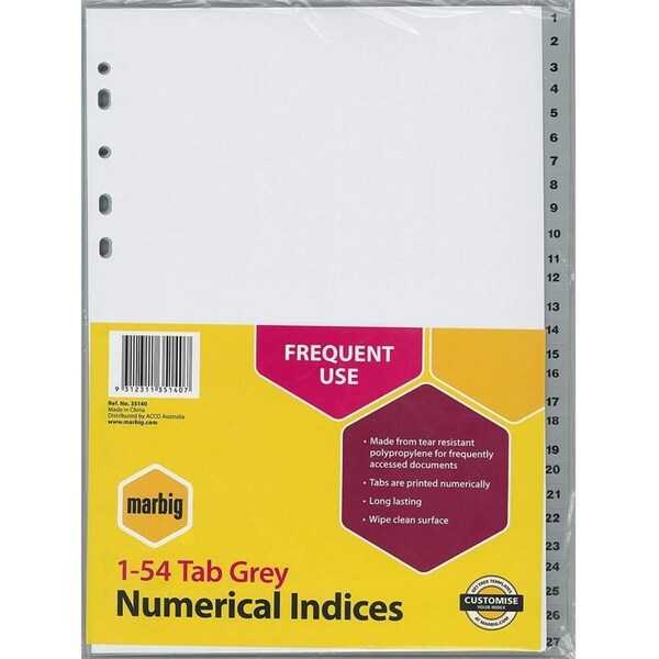 10 Packs Marbig Index Divider PP 1-54 Tab A4 Grey