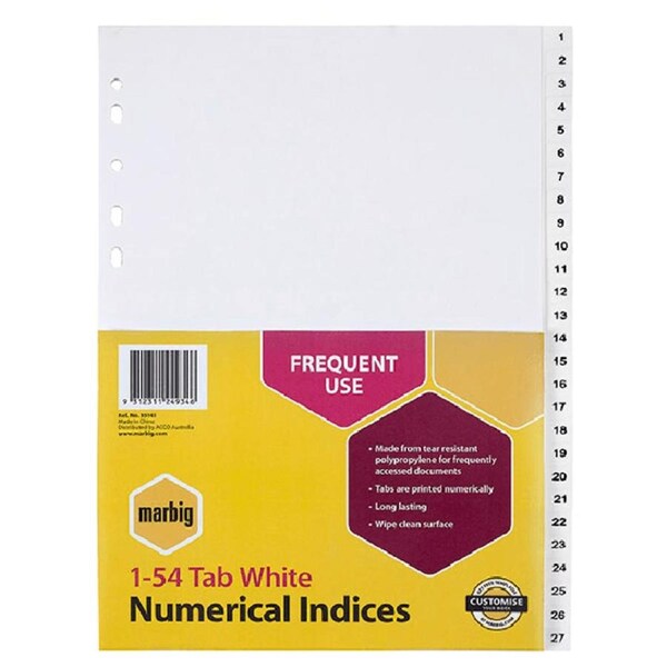 10 Packs Marbig Index Divider PP 1-54 Tab A4 White