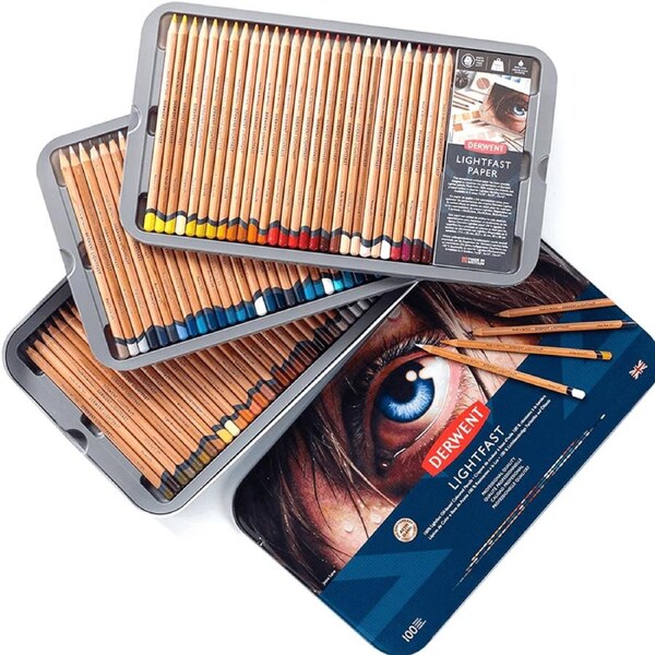 Derwent 100 Lightfast Coloured Pencils Professional Tin Set + Paper Pad Light Fast