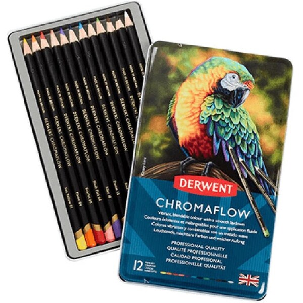 12 Derwent ChromaFlow Coloured Pencils Tin Set Rich Vibrant