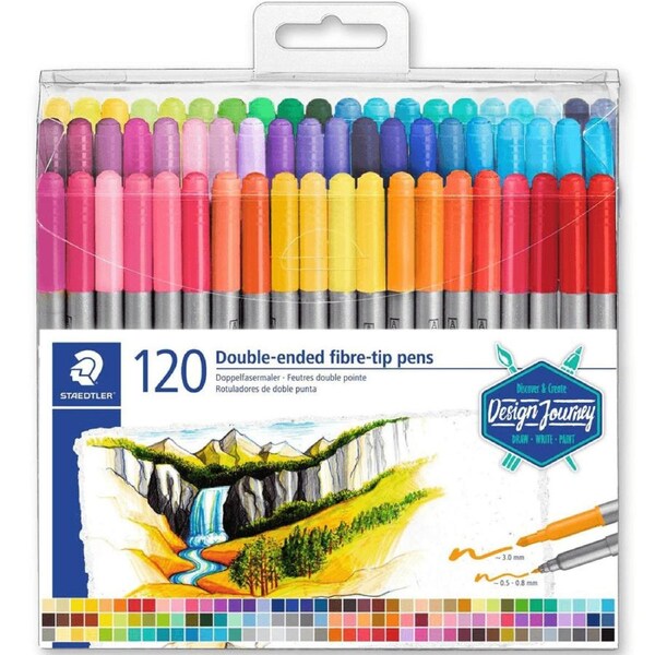 120 Staedtler Twin Tip Double Sided Fiber Pens Markers Pack Assorted Colours