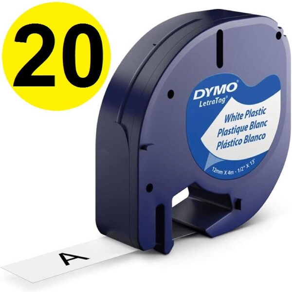 20 Pack Dymo 91331 Letratag Plastic Labelling Tape Refill 12mm Black On White