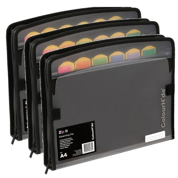 3 Pack Colourhide Zipit PP Expanding File Folder 7 Pocket A4 Black