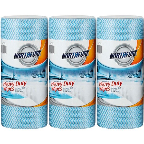 3 Pack Northfork Heavy Duty Antibacterial Perforated Wipes 45m Roll Blue Pack 90 Sheets