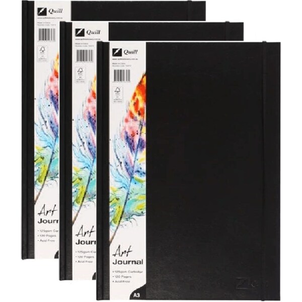 3 Pack Quill Art Journal Diary Hard Cover 125GSM 120 Pages A3 Black