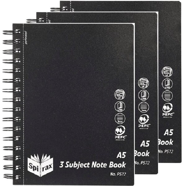 3 Pack Spirax P572 3-Subject Notebook Spiral Bound 300 Page A5 Black
