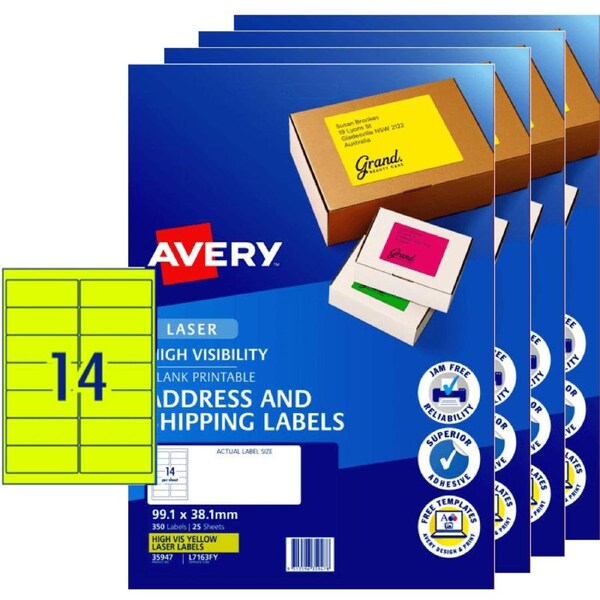 Avery 35947 L7163FY High Visibility Shipping Label Laser 14UP Fluoro Yellow 25 Sheets Pack 4