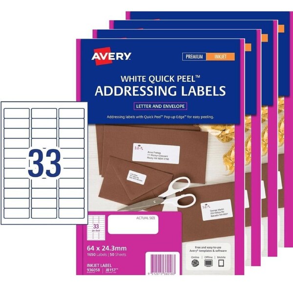 Avery 936058 J8157 Quick Peel Address Label Inkjet 33/Page White 50 Sheets Pack 4
