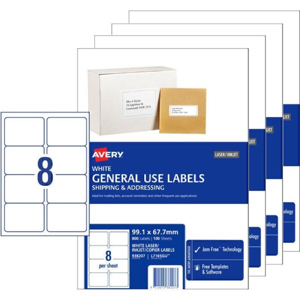 Avery 938207 L7165 General Use Laser Inkjet Copier Label 8/Page White Pack 100 Sheets Pack 4