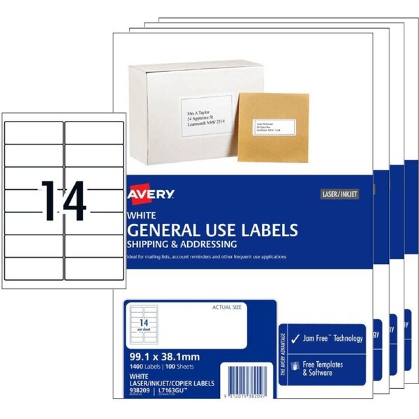 Avery 938209 L7163 General Use Laser Inkjet Address Labels 14/Page White 100 Sheets Pack 4