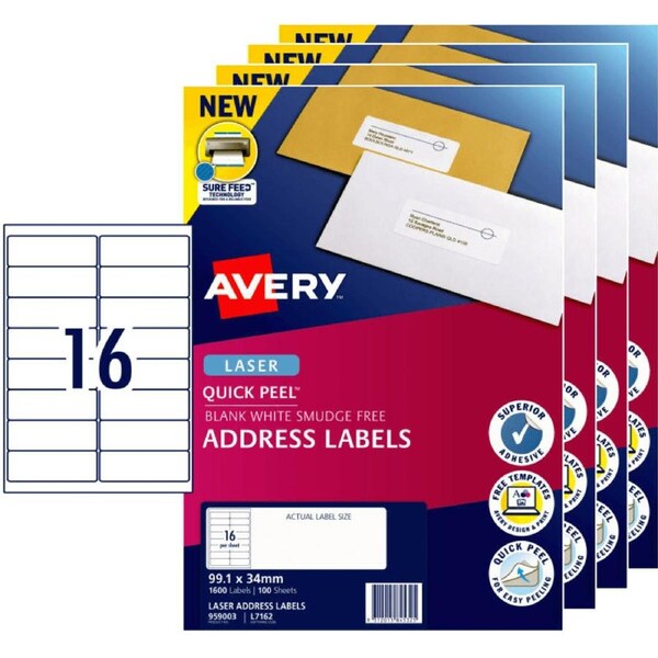 Avery 959003 L7162 Address Label Laser 16/Page White 100 Sheets Pack 4