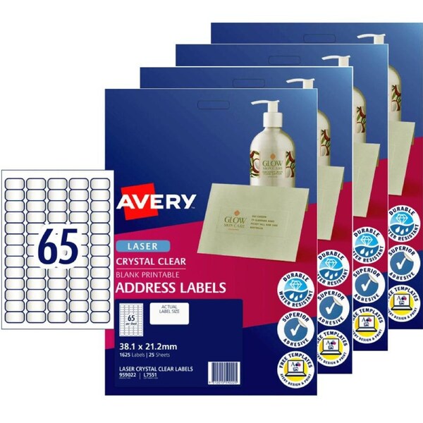 Avery 959022 L7551 Crystal Clear Address Label Laser 65/Page 25 Sheets Pack 4