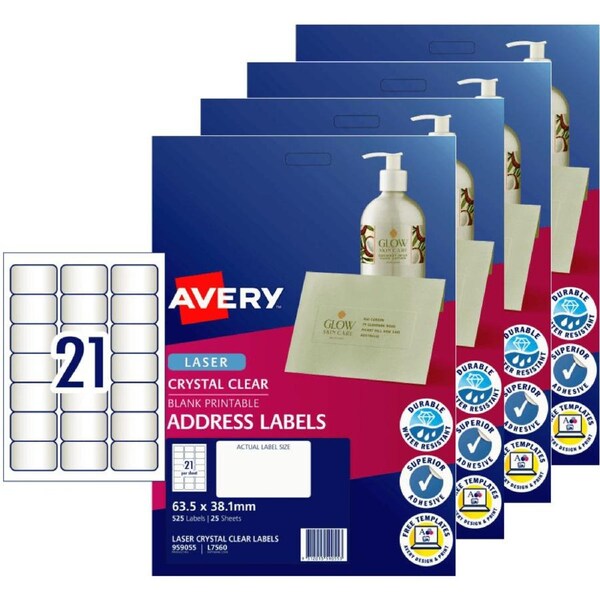 Avery 959055 L7560 Crystal Clear Address Label Laser 21/Page Clear 25 Sheets Pack 4