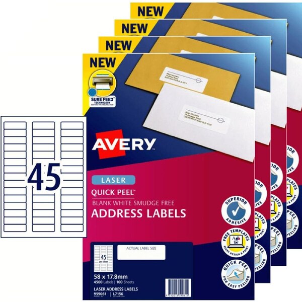 Avery 959061 L7156 Quick Peel Address Label Sure Feed Laser 45/Sheet White 100 Sheets Pack 4
