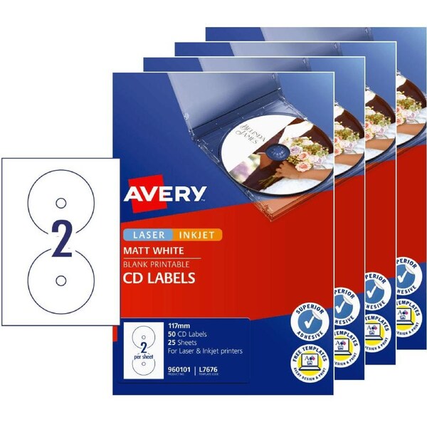 Avery 960101 L7676 Laser Labels White CD/DVD 2/Page 25 Sheets Pack 4