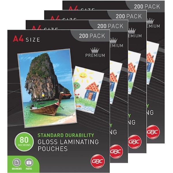 4 Pack GBC Laminating Pouches 80 Micron A4 Clear 200 Sheets Bulk